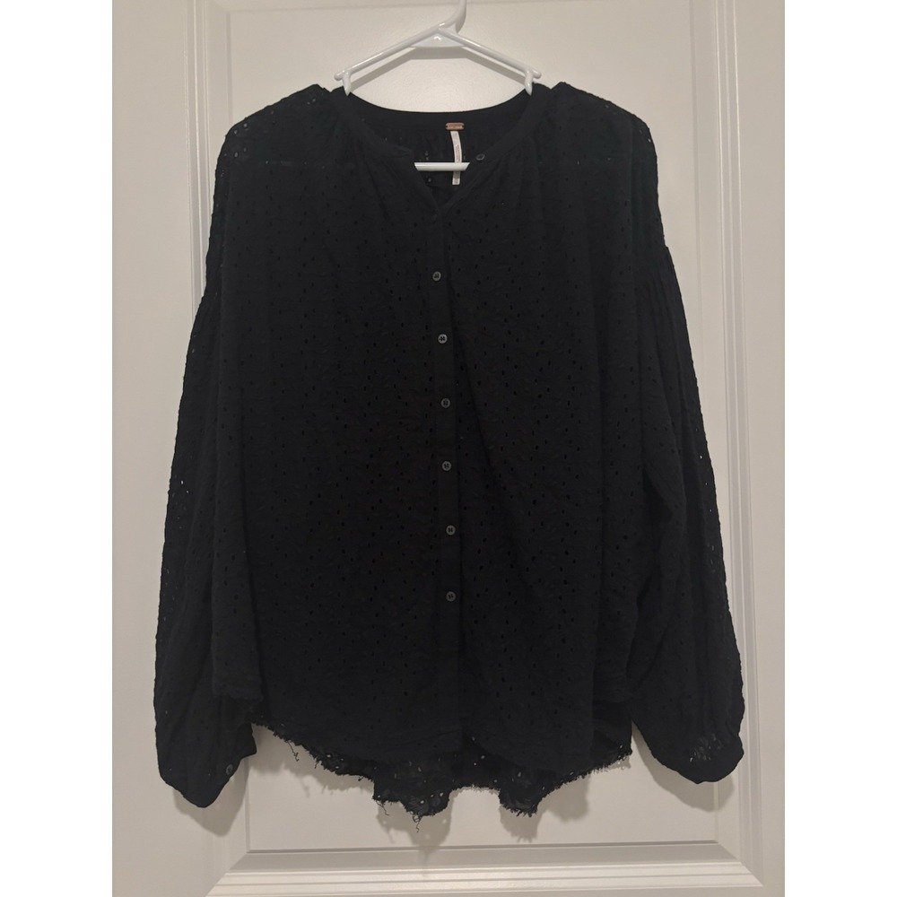 FREE PEOPLE MADDISON EYELET BLOUSE BUTTON DOWN TUNIC TOP BLACK XS
